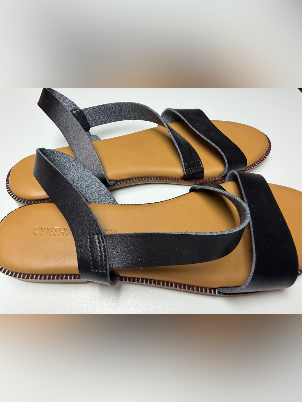 Cynthia Rowley Black Leather Strappy Sandals with Tan Footbed